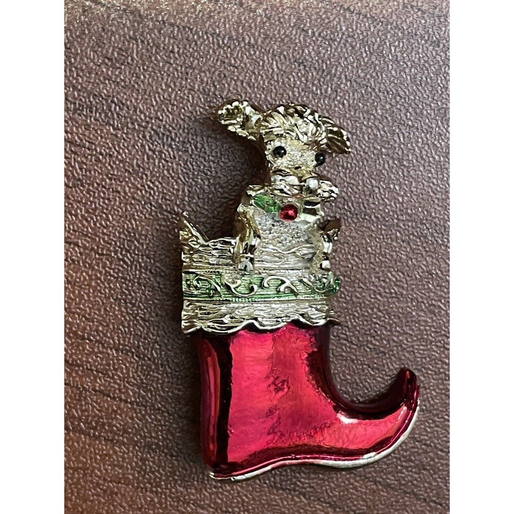 Vintage Signed Gerry’s Christmas Puppy in Stocking Poodle in Red Boot Brooch Pin